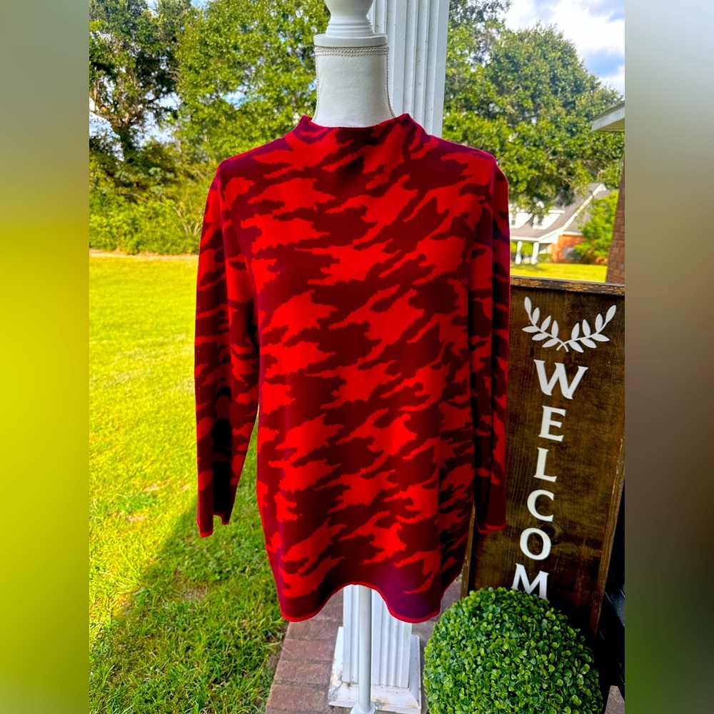 Red Camo Chico’s Mock Neck Sweater